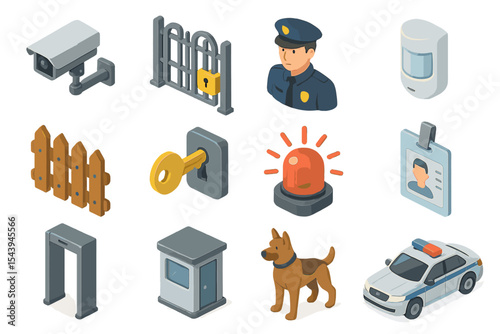 Isometric security objects: camera, officer, dog, and alarm icons
