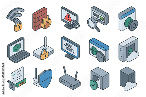 Internet security icons set with firewalls, shields, and connectivity symbols