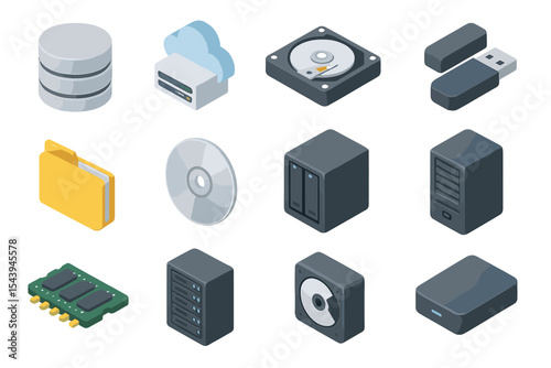 Digital storage devices: icons of hard disk, usb, cloud, server, cd