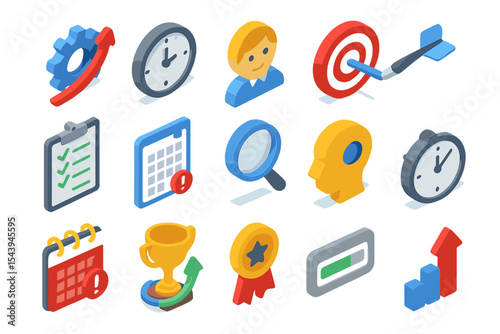 Colorful isometric business icons featuring targets and calendars