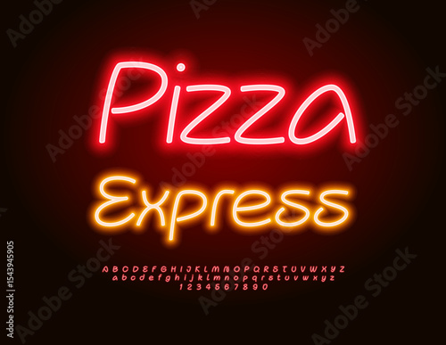 Vector Glowing Advertisement Pizza Express. Neon Red Font. Bright Electric Alphabet Letters and Numbers set
