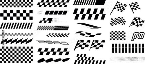 A collection of checkered and striped patterns, primarily in black and white. These patterns are arranged in various shapes and sizes, including rectangles, squares, and wavy lines.