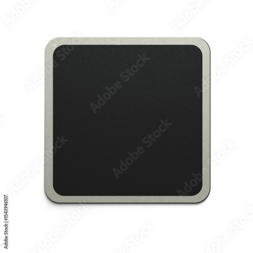 A simple black square with a metallic border, likely used as a graphic element or button in digital design.