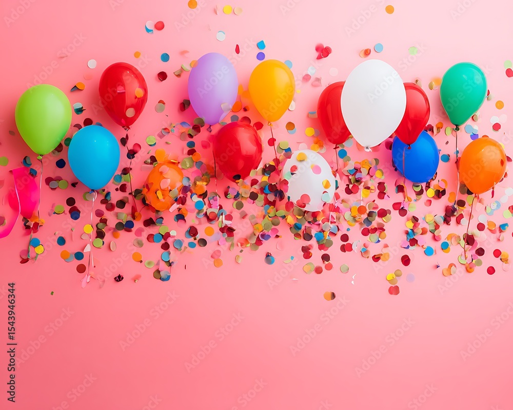 Obraz premium Colorful balloons and confetti on pink background (1)