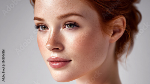 beautiful red-haired girl with freckles posing in studio