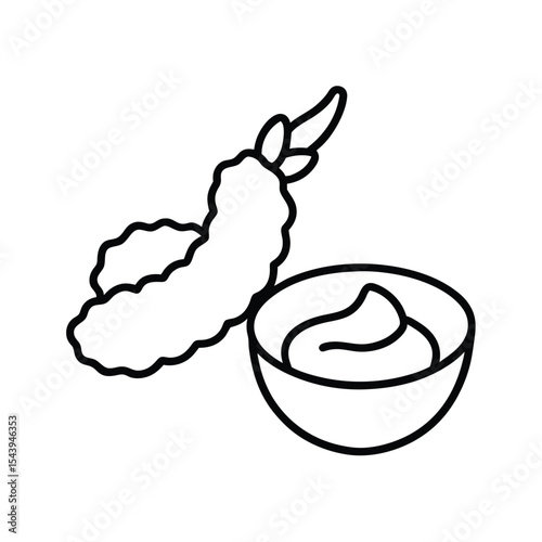 Tempura shrimp with dip sauce in clean outline Vector illustration