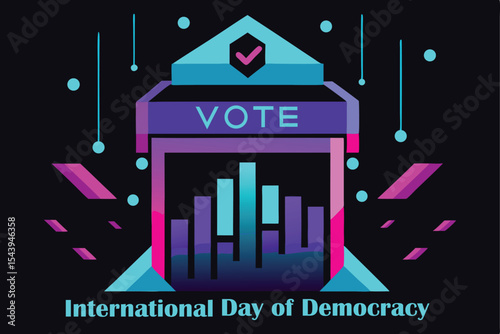 Cyberpunk Voting Vector Poster: Neon Booth, Holographic Signs, Futuristic Crowd
