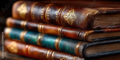 A stack of beautifully bound antique books with leather covers and gold accents.