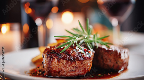Grilled steak with spices and garnish on a plate. Elegant serving of meat with rosemary in a restaurant