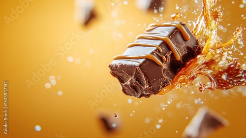 A dynamic chocolate bar is dramatically splashed into a pool of liquid caramel, capturing the essence of indulgence and the joy of sweet treats in motion.