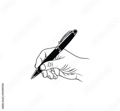 Hand holding pen icon vector in black color with white background.