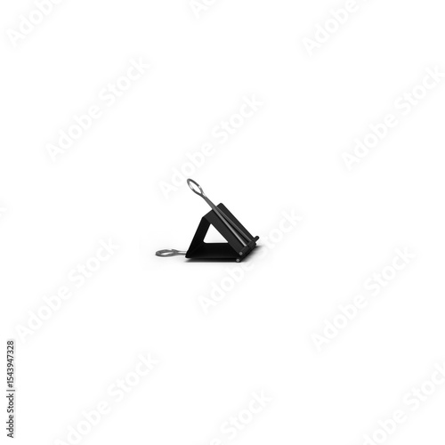 A black binder clip positioned upright, commonly used for holding papers together.
