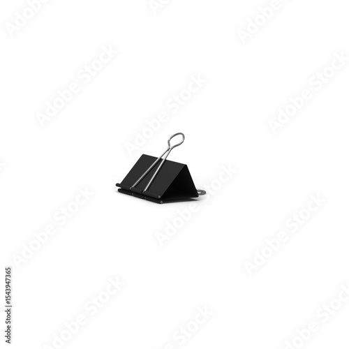 A simple black binder clip used for holding papers together.