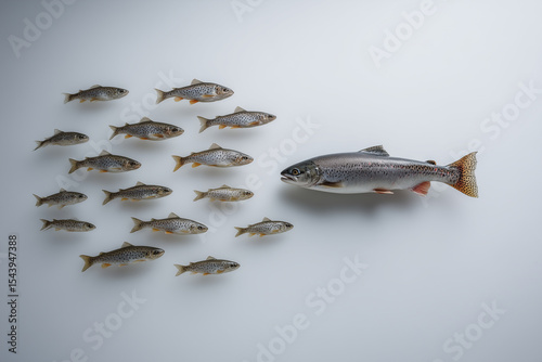 School of Fish: A captivating scene features a school of small fish swimming in unison, led by a larger, more dominant fish, evoking a sense of direction and leadership within the aquatic world. 