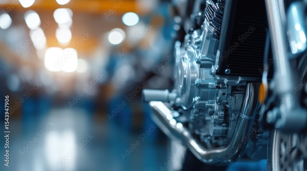 Fototapeta premium A close-up image showcasing the intricate details of a motorcycle engine, highlighting its shiny metallic components and the engineering behind its design in a workshop setting.