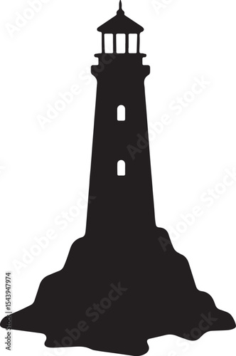 Silhouette vector of lighthouse on rocks. Perfect for coastal, nautical, maritime, travel, and beacon design themes.
