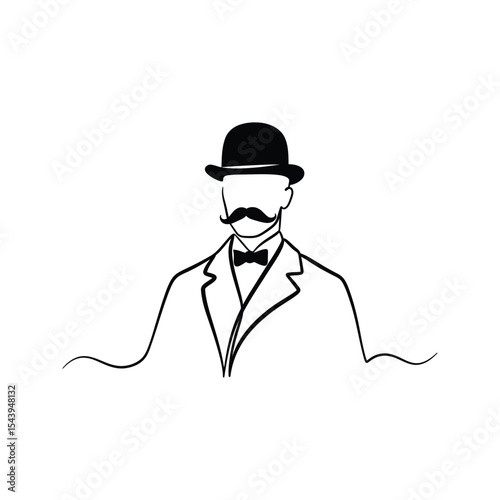 Elegant Gentleman in Bowler Hat Line Art Illustration Vintage Style Mustache Retro