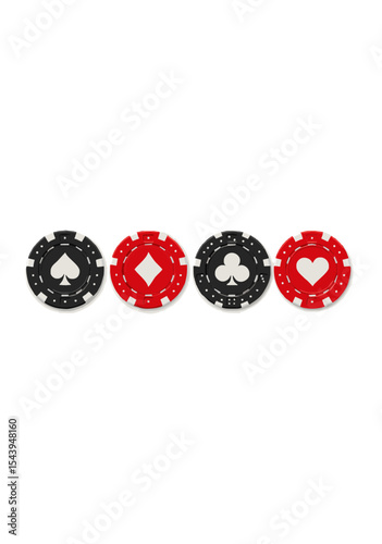 Realistic Casino Poker Chips in Red and Black with Spade, Diamond, Club and Heart Icons for Gambling, Games and Casino Themes