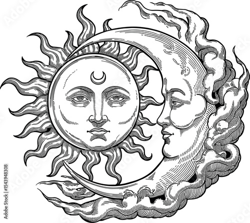 A stylized depiction of the sun and the moon. The sun is portrayed with a human-like face, prominent eyes, and a crescent moon tattoo on its forehead.