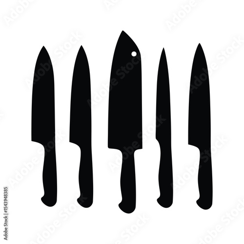 Five Black Silhouettes of Kitchen Knives Chefs Knife Paring Knife Utility Knife Illustration Vector
