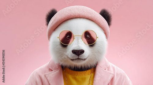 stylish fashion model panda in studio in pink clothes and glasses