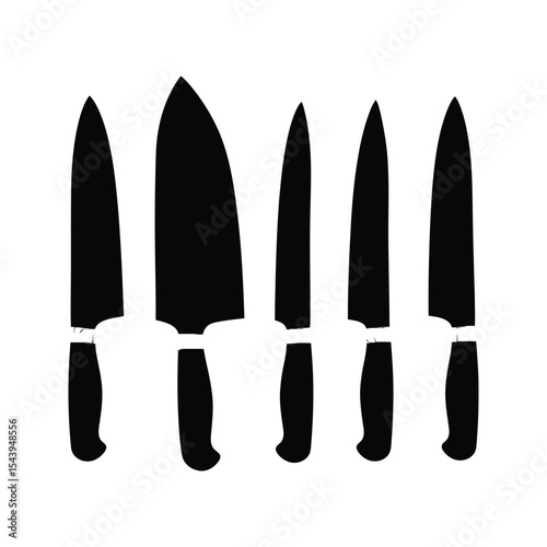 Five Different Kitchen Knives Silhouettes Chefs Knife Paring Knife Utility Knife Set Black and White Vector Illustration
