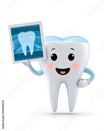 Funny cartoon tooth holding an x ray of itself, laughing, friendly educational design for kids, white background