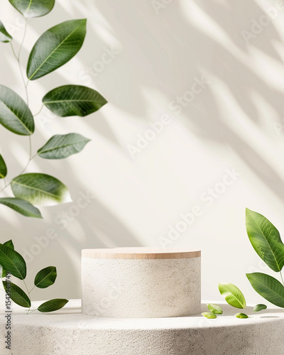 white podium cylinder for advertising cosmetics and products with green leaves