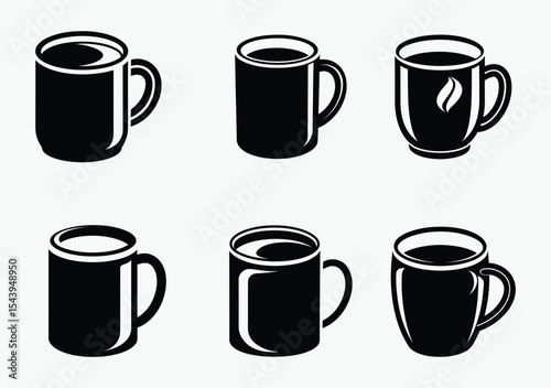coffee mug silhouette set, cup icon vector, black and white illustration