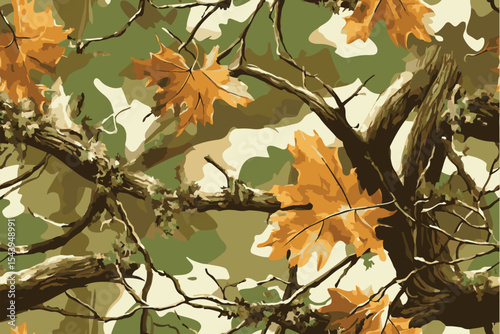 Camouflage-patterned background with tree branches and leaves.Hunting camouflage seamless pattern background. Forest camouflage texture.