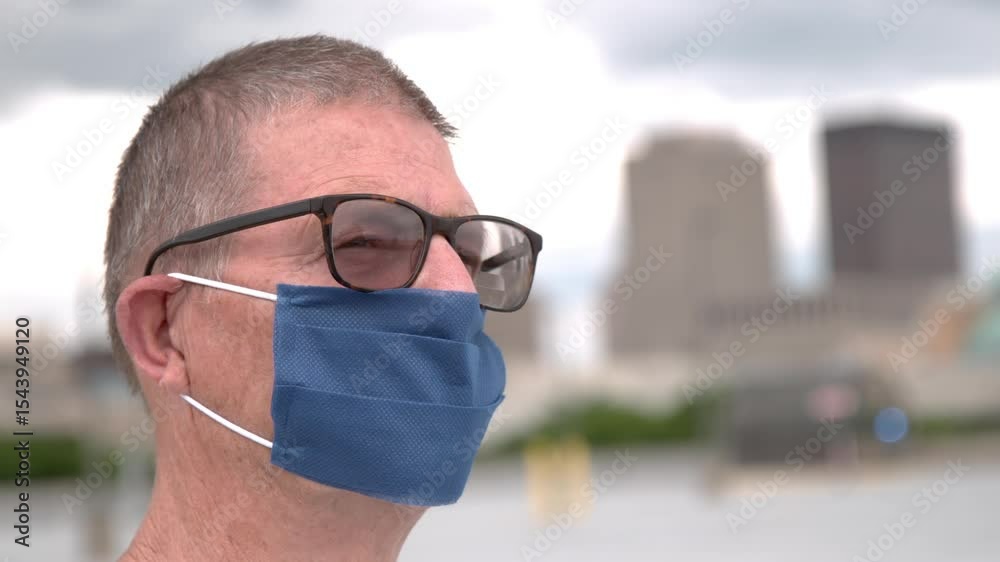 Elderly man with medical mask city in background slow motion
