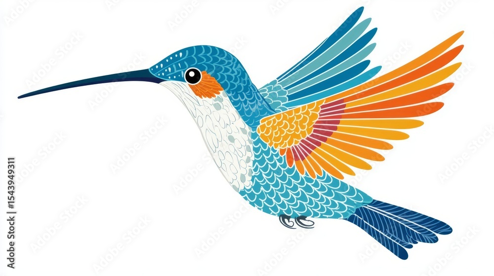 Obraz premium A vibrant illustration of a hummingbird with colorful feathers and intricate details, showcasing its beauty in nature.