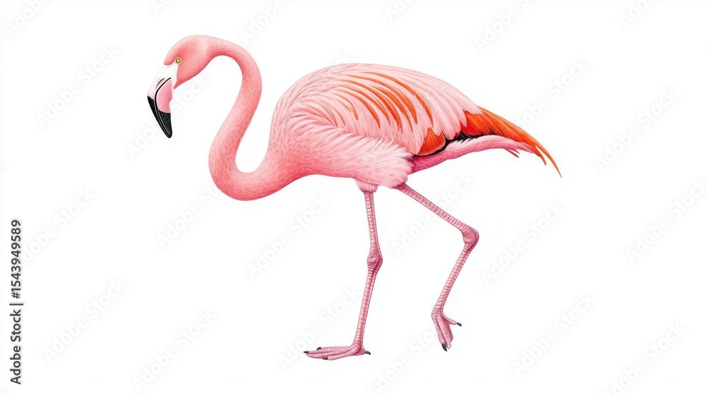 Obraz premium A vibrant pink flamingo elegantly standing on one leg, showcasing its striking feathers and graceful posture.