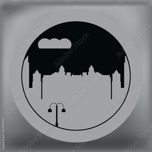 Minimalist cityscape illustration with silhouettes of classic buildings, a cloud, and street lamp in a circular frame. Urban skyline design in grayscale tones.