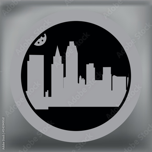 Minimal vector illustration of a modern city skyline at night with tall buildings and a crescent moon, designed in a circular monochrome style.