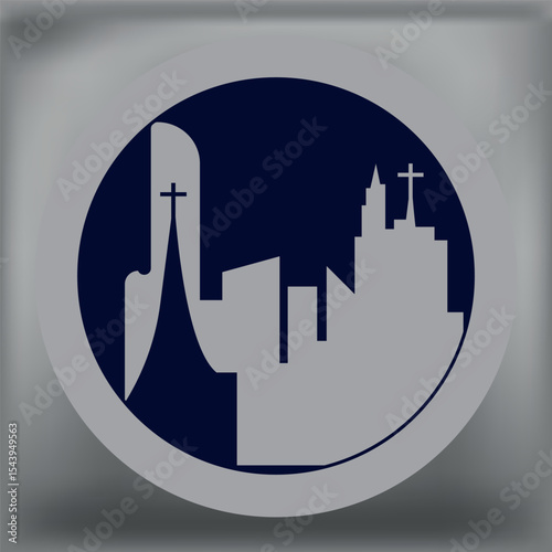 Minimal city skyline in circular frame with modern and classical church silhouettes, featuring crosses and simple gray-blue color scheme on smooth background.
