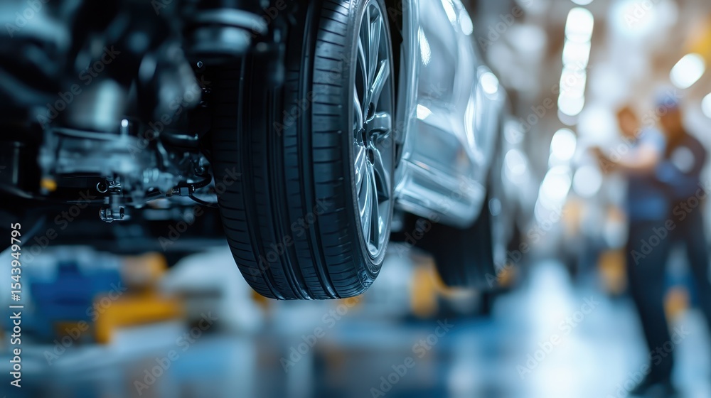 Fototapeta premium An up-close view of a tire under a car, showcasing automotive mechanics, craftsmanship, and the intricate workings of vehicles, perfect for automotive enthusiasts and professionals alike.
