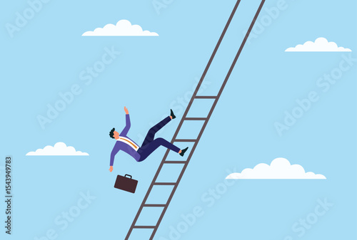 Vector illustration of a businessman falling from a ladder, representing career failure, risk, setbacks, or the challenges and instability in the climb toward success
