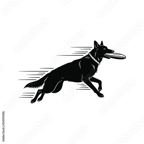 German Shepherd Dog catching a flying disc black and white vector illustration fast motion silhouette canine pet playful active dynamic sport agility