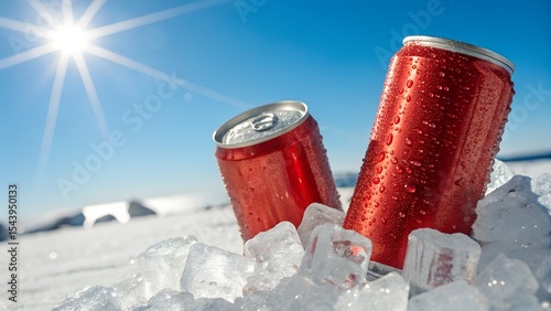 Two red soda cans sit amid sparkling ice cubes, reflecting the sunlight