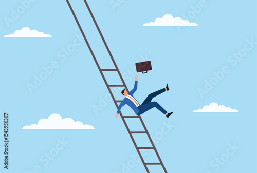 Vector illustration of a businessman falling from a ladder, representing career failure, risk, setbacks, or the challenges and instability in the climb toward success
