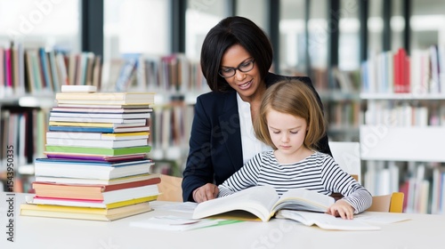 Woman teaches girl in library with books during daytime