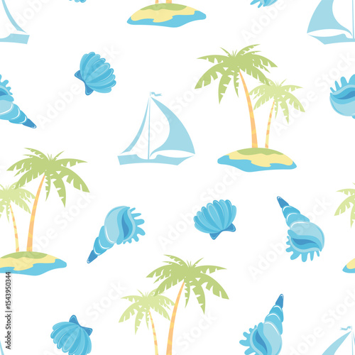 Palm trees, sun, beach, beach umbrella. Vector seamless pattern on the theme of summer, seaside vacation, travel. Cute vector illustration