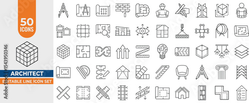 Architect & Interior Design Icon Set – 50 Editable Line Vectors for Plans, Drafting & Construction. Editable Stroke. Vector illustration.