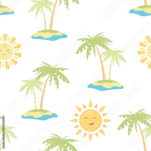 Palm trees, sun, beach, beach umbrella. Vector seamless pattern on the theme of summer, seaside vacation, travel. Cute vector illustration