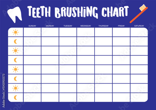 Monthly teeth brushing chart. For printing. Vector. Deep blue background.
