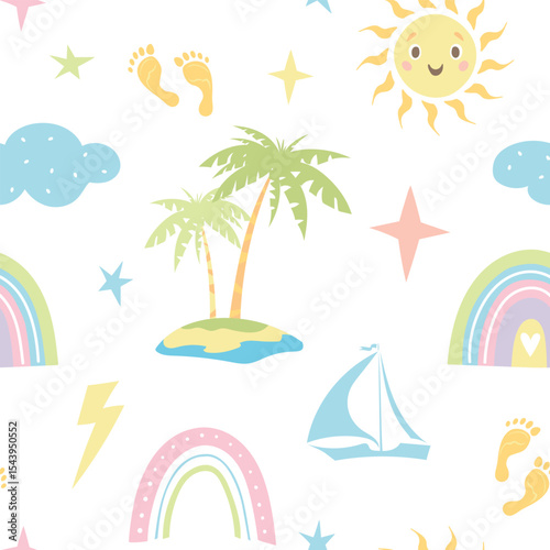 Palm trees, sun, beach, beach umbrella. Vector seamless pattern on the theme of summer, seaside vacation, travel. Cute vector illustration