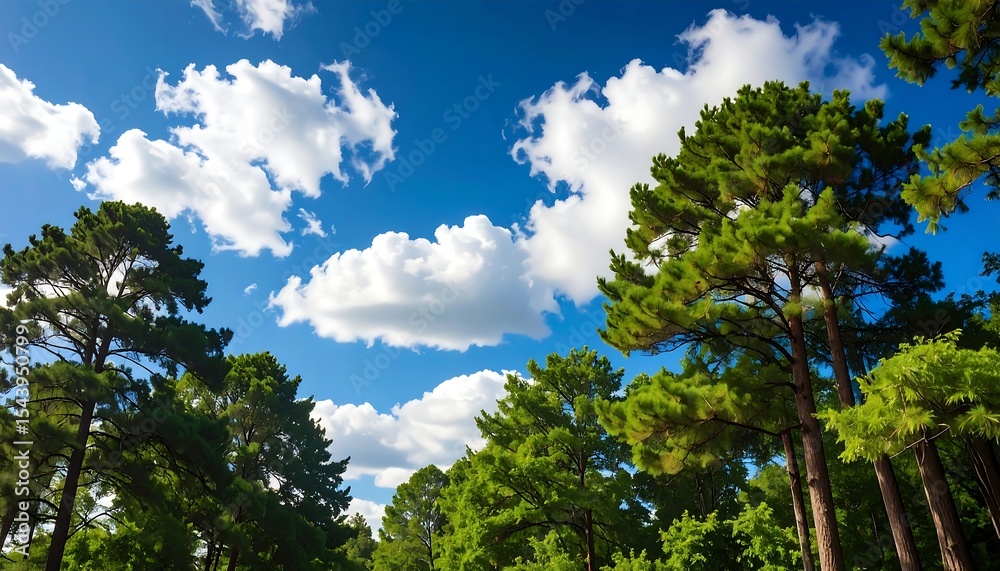 Obraz premium Sunny Sky with Pine Trees, and Forest.