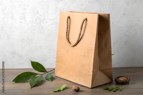 Eco-Friendly Brown Paper Bag With Leaves on Wooden Surface