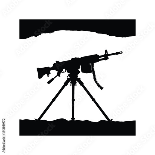 Machine Gun Silhouetted on Tripod Military Weapon Black and White Vector Graphic